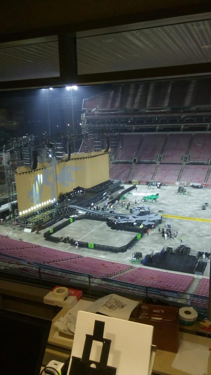 Stadium concert stage and set built overnight, seen from the control box