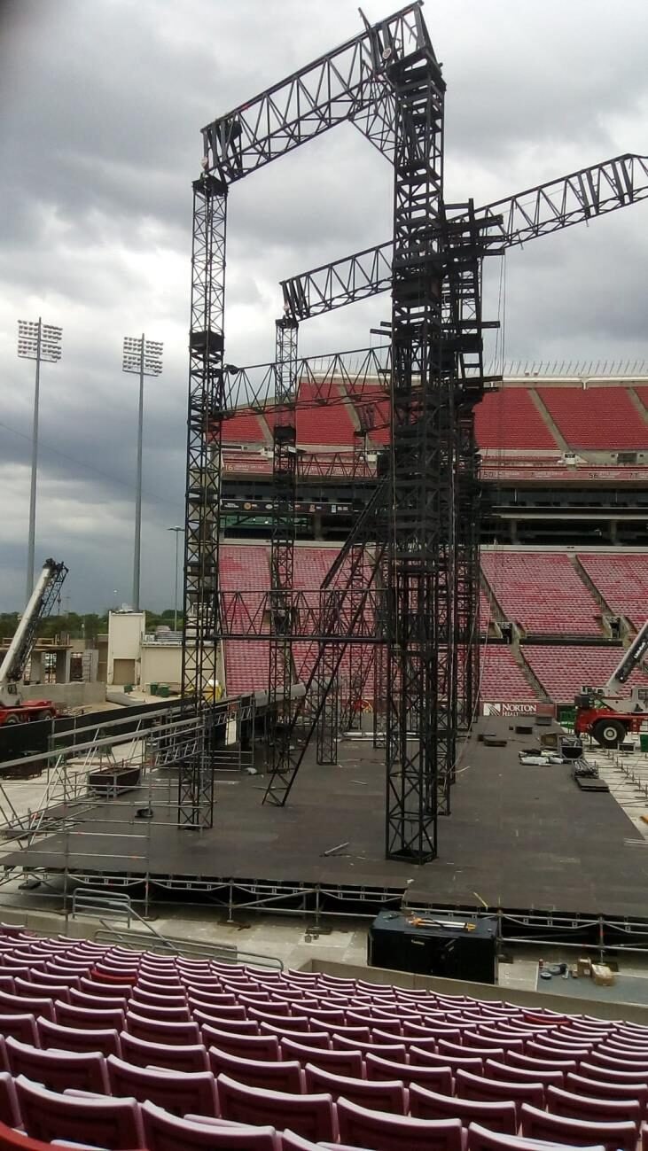 Stadium main-stage goalpost truss during a scaffold inspection